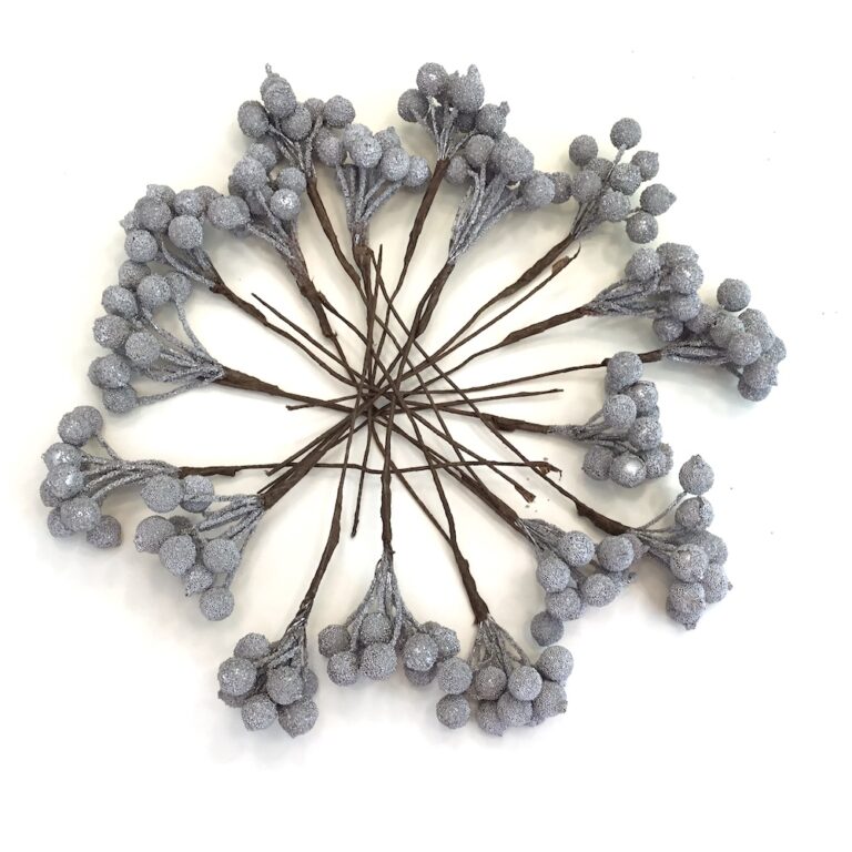 Tilbud 180stk sølv bær - Kunstige bær på ståltråds pind - Dekolagersalg